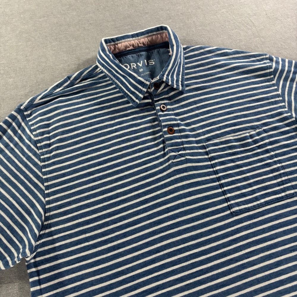 Orvis Mens Blue White Striped Short Sleeve Polo Shirt Medium Slub Knit 294317